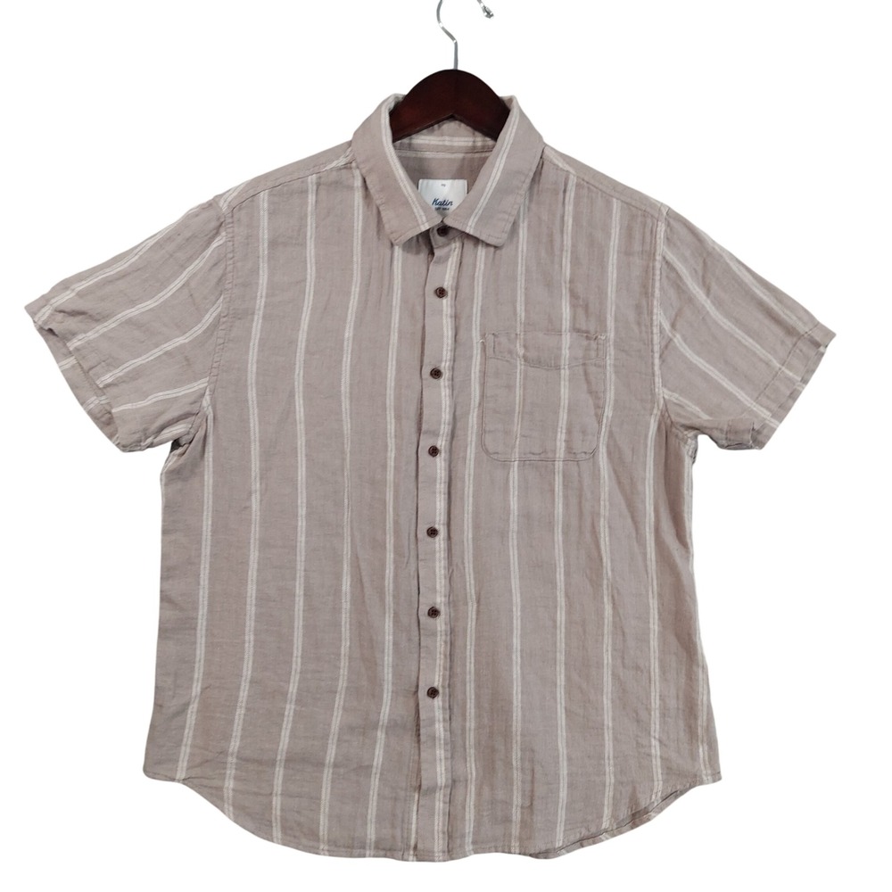 Katin Button Down Shirt Men Medium Tan Striped Cotton Linen Short Sleeve